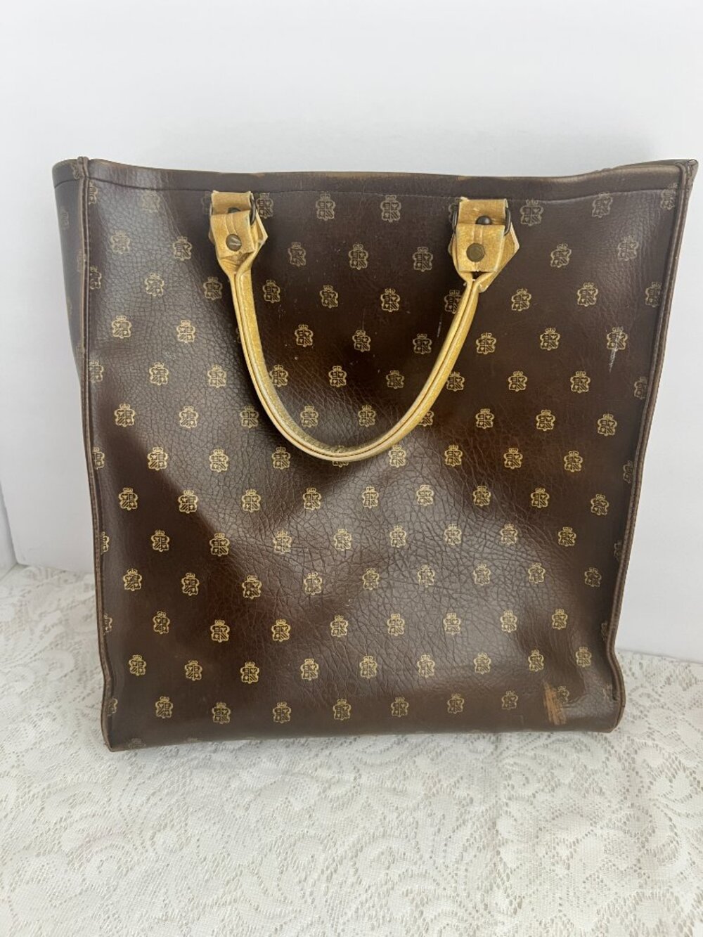 Brown Crest Print Tote Bag, Gold Heraldic Pattern, Tan Double Handles, Structure